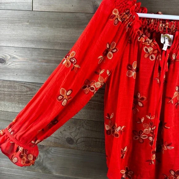 Fig And Flower Womens Shirt 3/4 Tie Sleeve Smocked Embroidered Floral PL - Picture 4 of 8